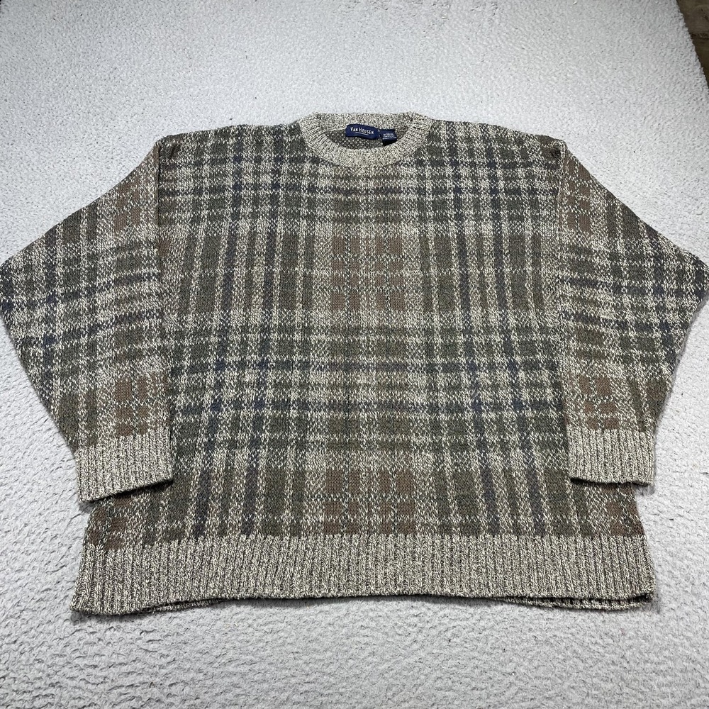 Vintage Van Heusen Sweater Mens XL Brown Plaid Knit Crewneck Pullover‎ USA 90s